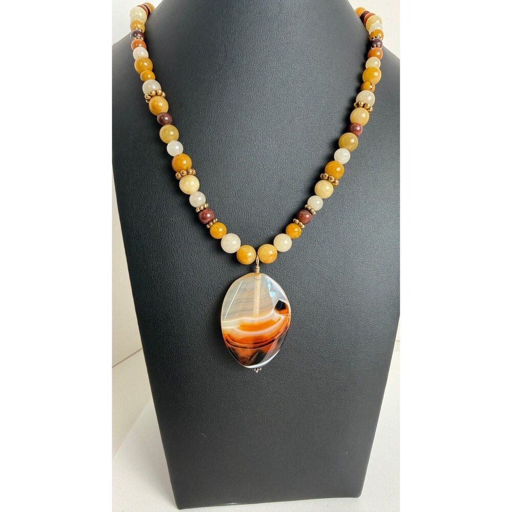 Natural Stone Banded Agate Pendant Necklace Carnelian Orange Yellow Beads 24"